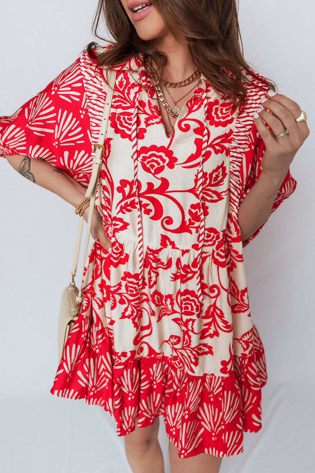 Red Collared V Neck Half Sleeve Loose Flower Mini Dress