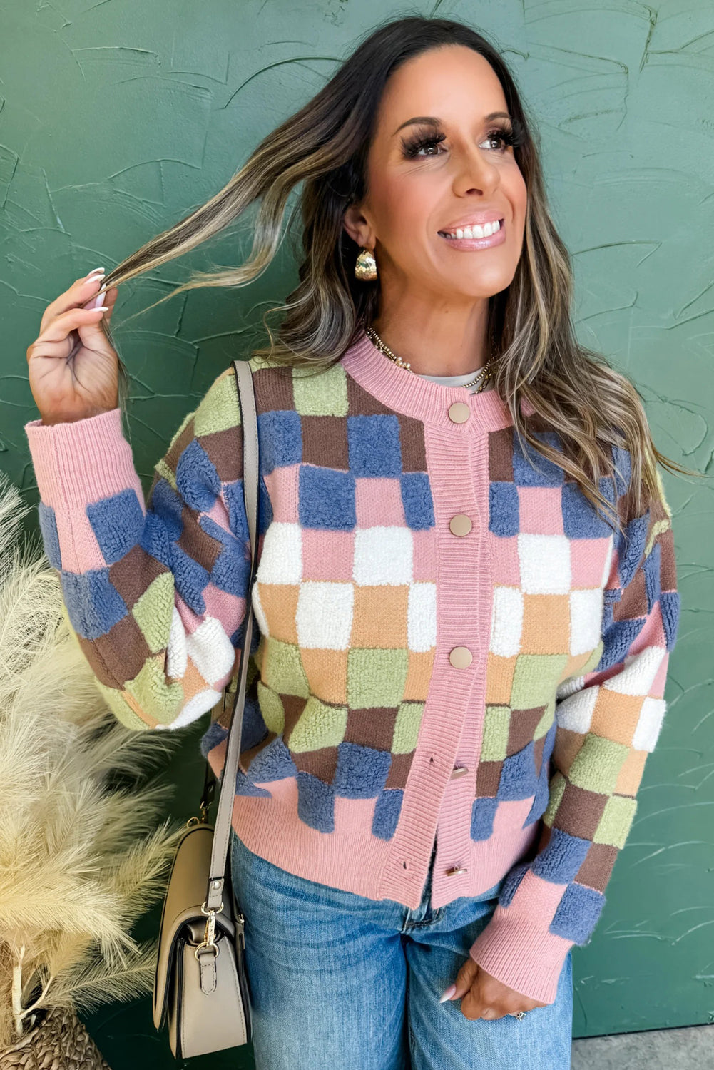 Multicolour Plush Checkered Pattern Button Front Cardigan Sweater