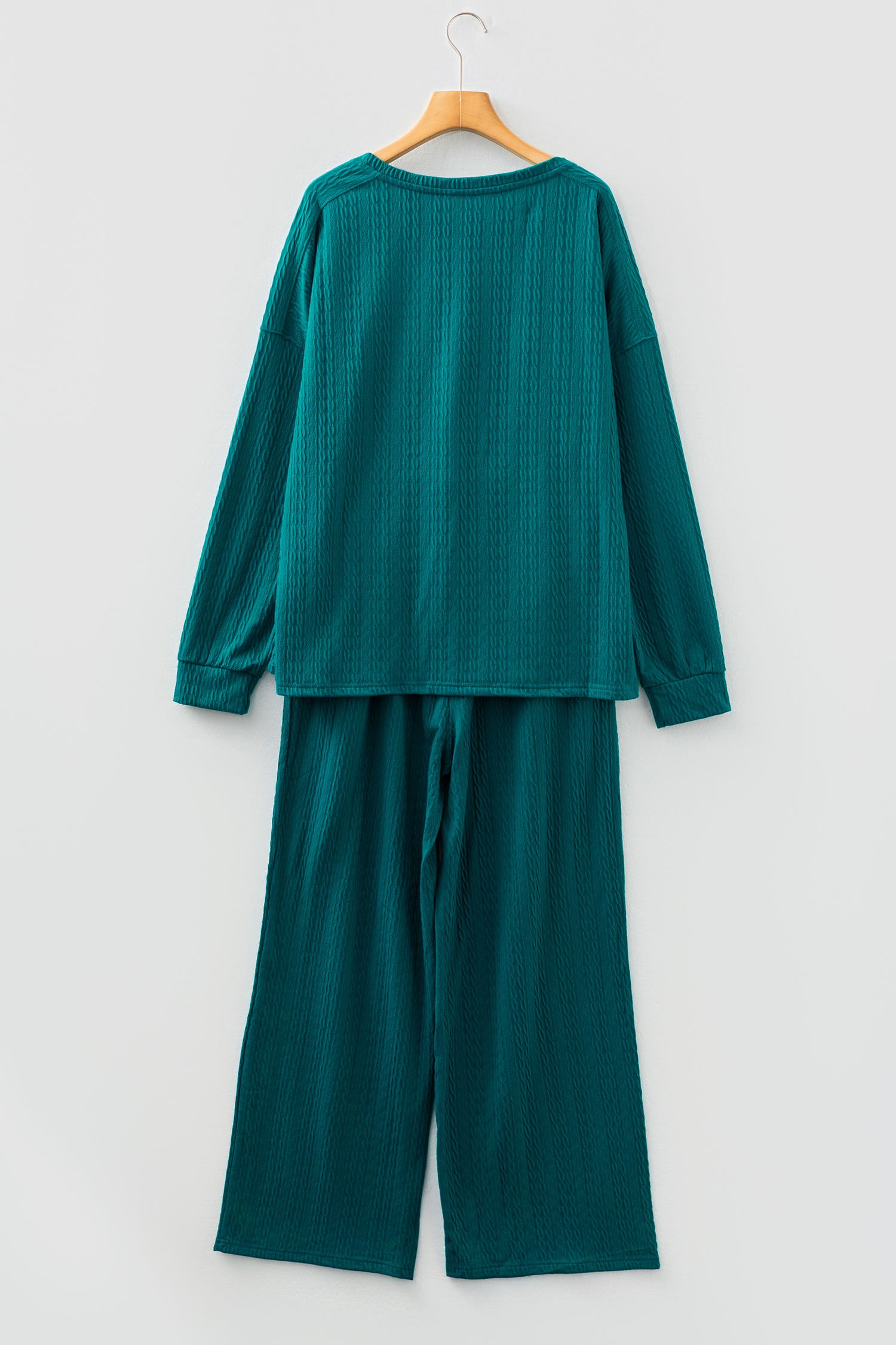 Smoke Green Textured Round Neck Sweatshirt & Loose Drawstring High Waist Pant Set