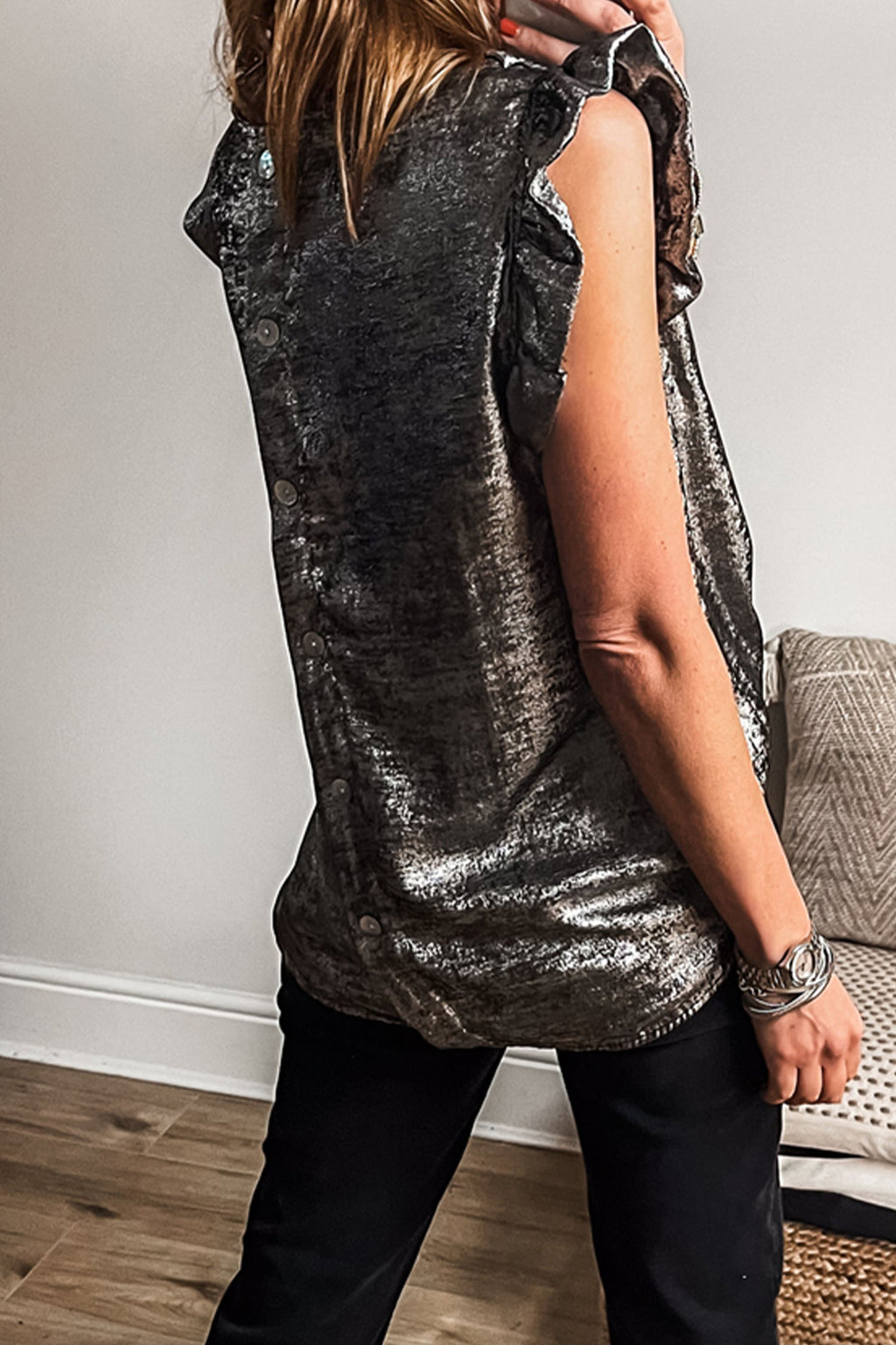 Apricot Metallic Round Neck Smocked Long Sleeve Blouse