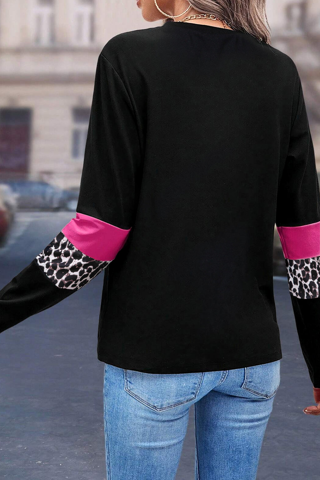 White Leopard Colorblock Patchwork Crew Neck Long Sleeve Tee