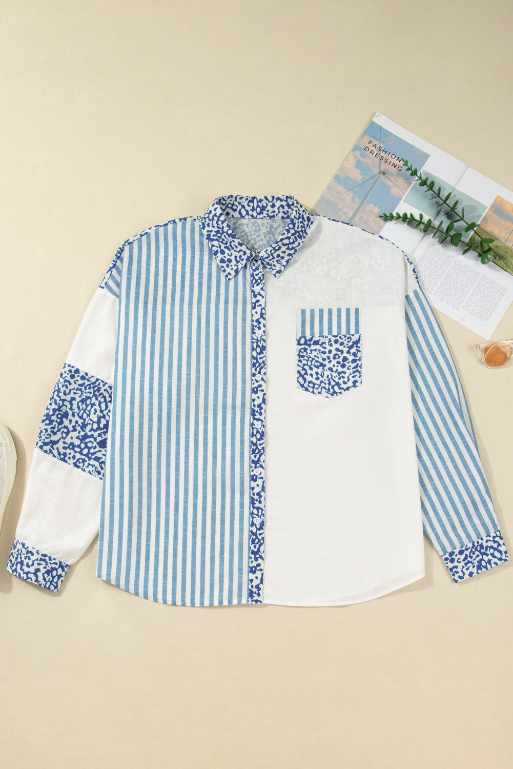 Sky Blue Leopard Striped Western Casual Shirt