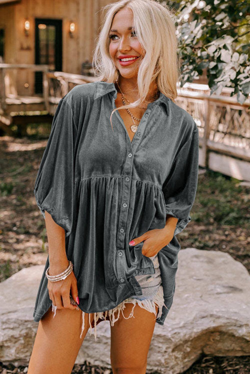 Burgundy 3/4 Sleeve Tunic Babydoll Velvet Shirt