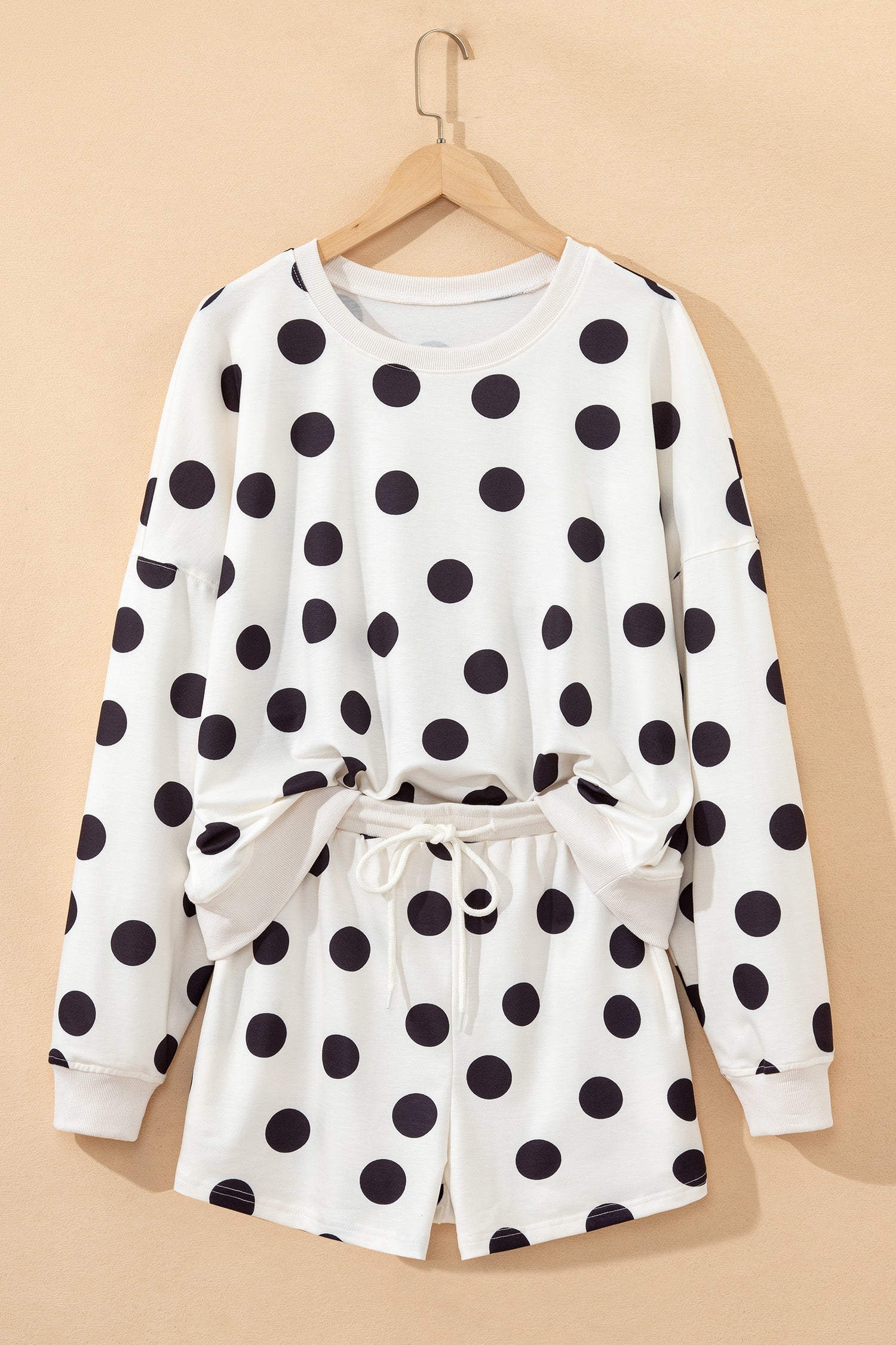 Beige Polka Dot Print Drop Shoulder Pullover Drawstring Jogger Pant Set