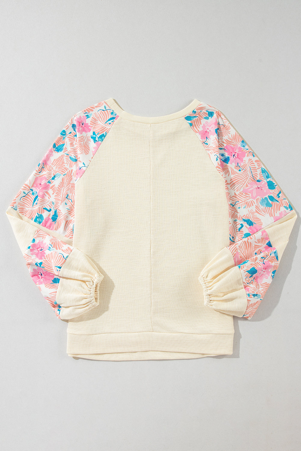 Apricot Plus Size Floral Patchwork Ribbed Puff Sleeve Top