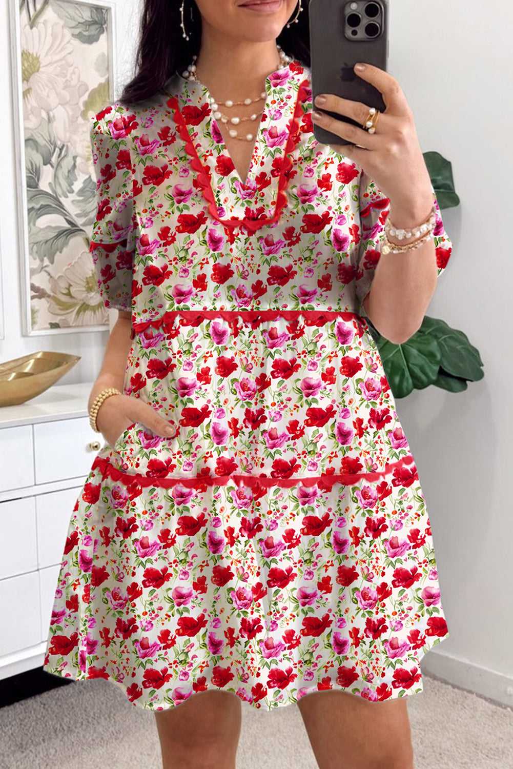 Red Floral Print Striped Patchwork Collared Short Sleeve Blouse
