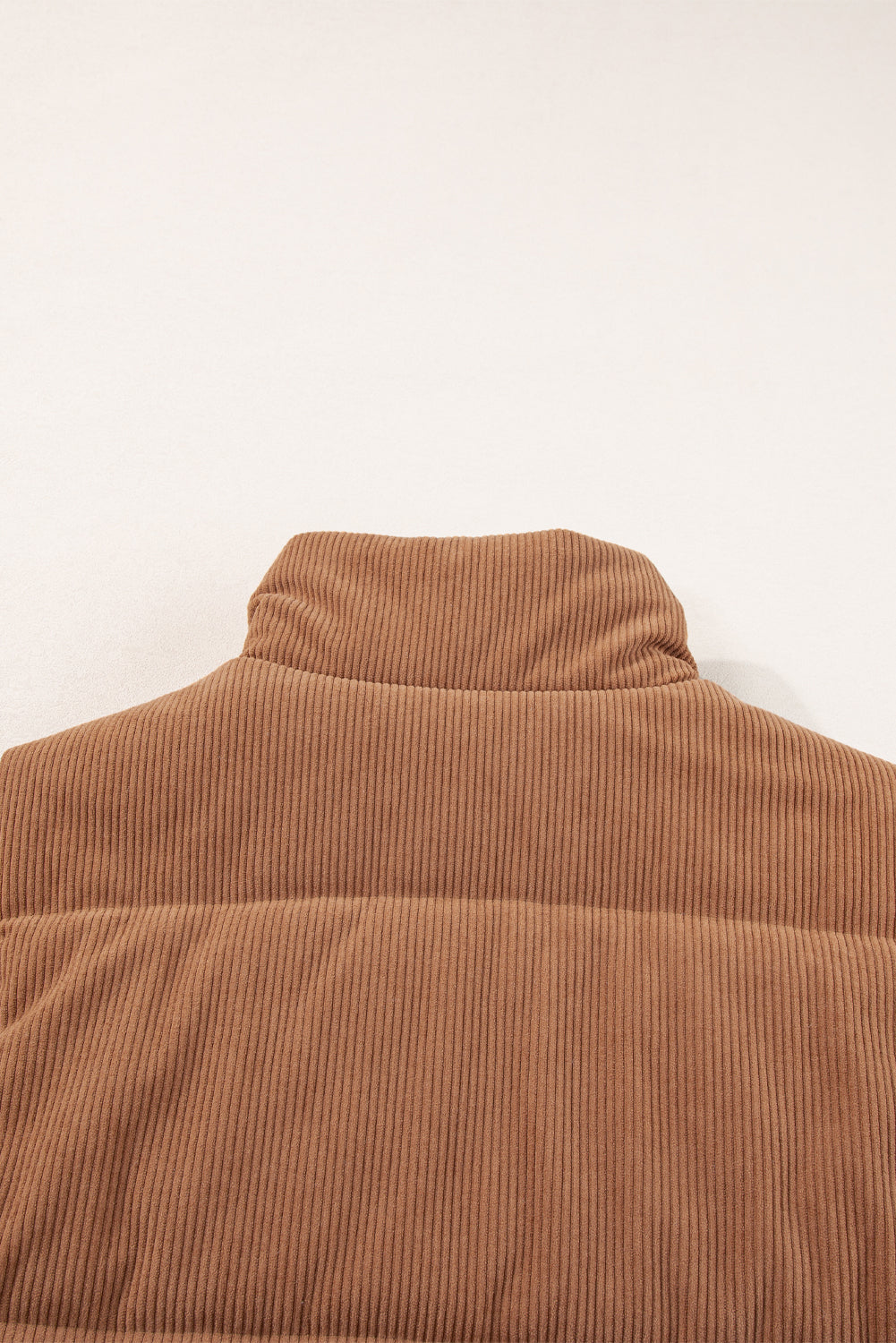 Beige Corduroy Stand Neck Zipped Puffer Vest