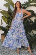 Sky Blue Floral Print Self-tie Straps Flowy Ruffle Long Dress