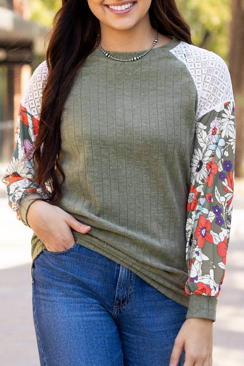 Vineyard Green Plus Size Textured Floral Patchwork Raglan Sleeve Blouse