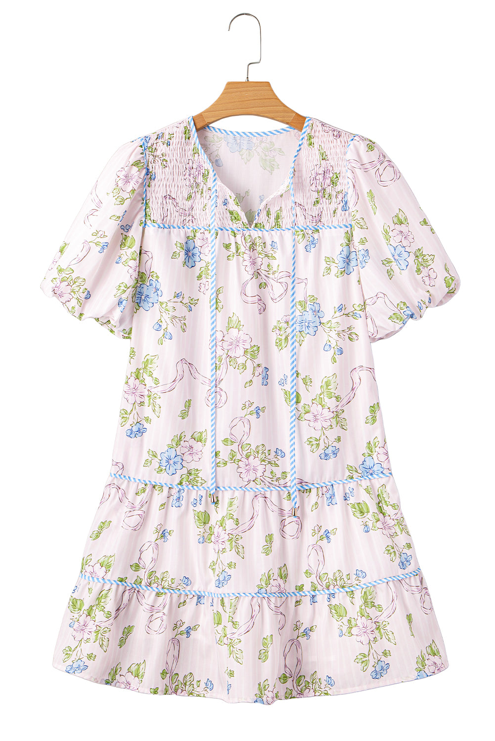 Pink Floral Striped Print Contrast Trim Tie Split Neck Mini Dress