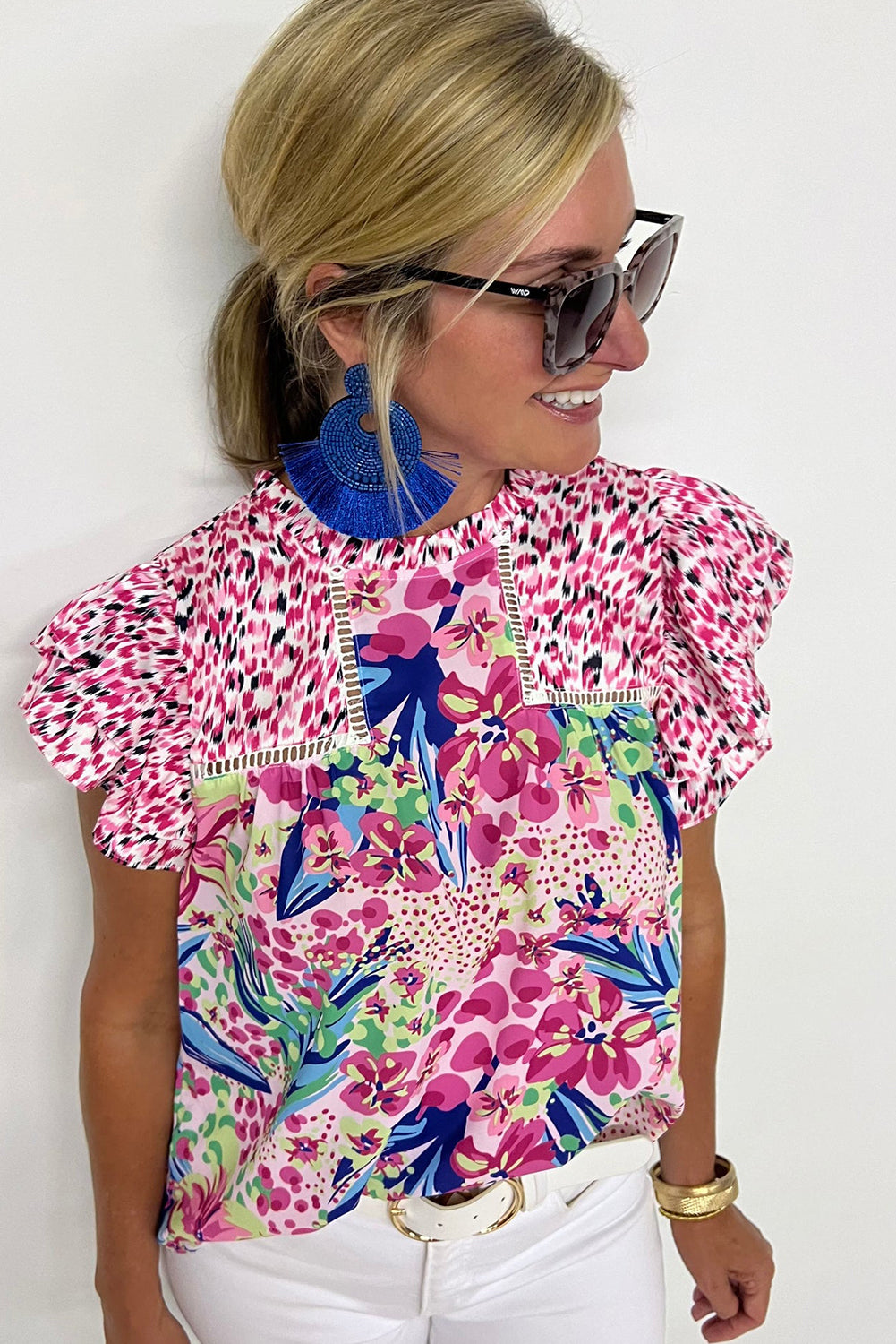 Red Floral Mixed Print Ruffle Cap Sleeve Blouse