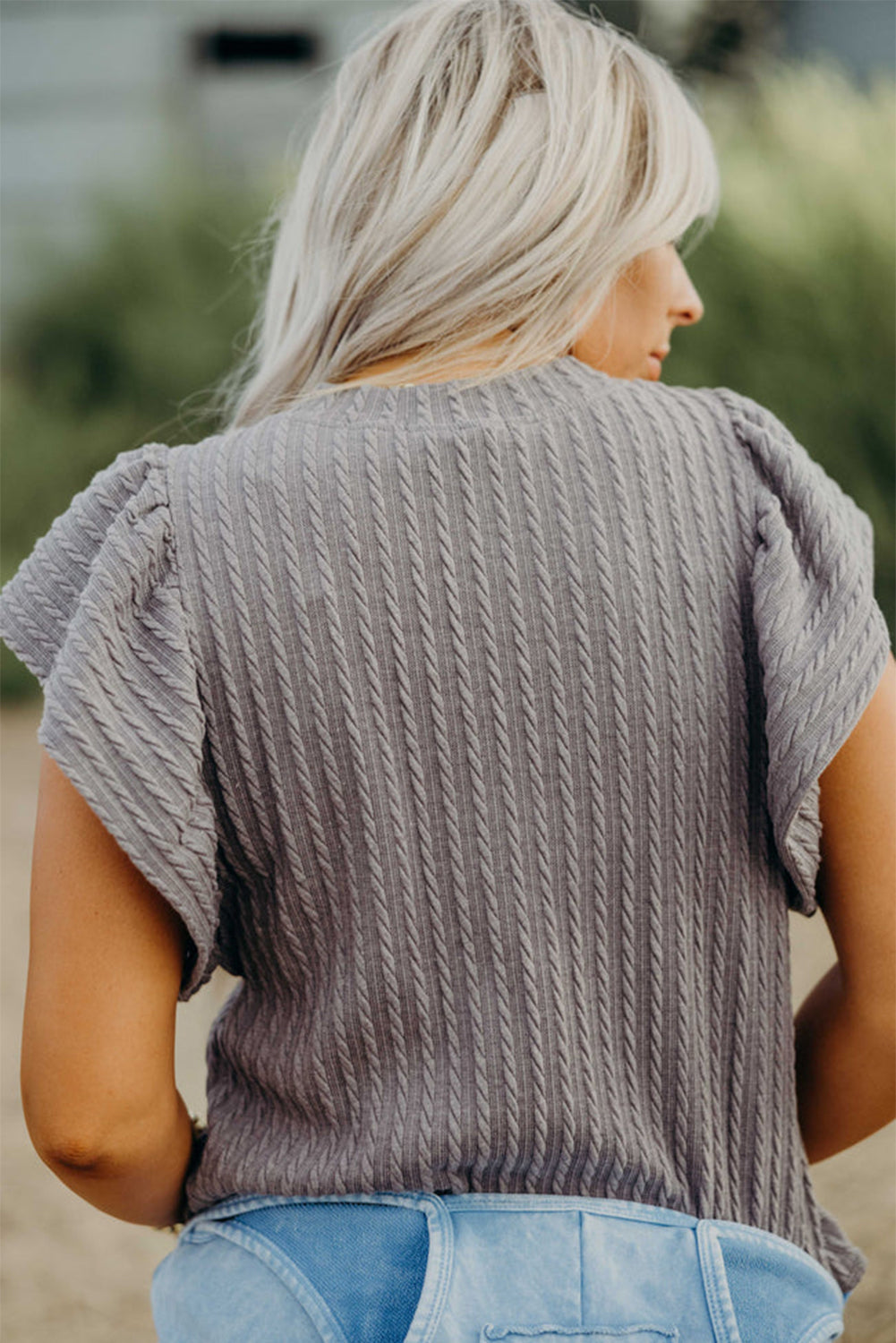 Moonlight Jade Solid Color Textured Flutter Sleeve Top