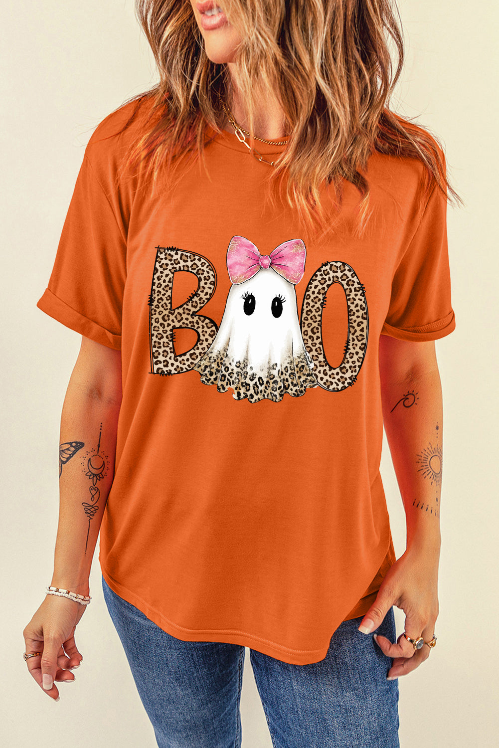 Orange BOO Leopard Letter Print Halloween Ghost T Shirt