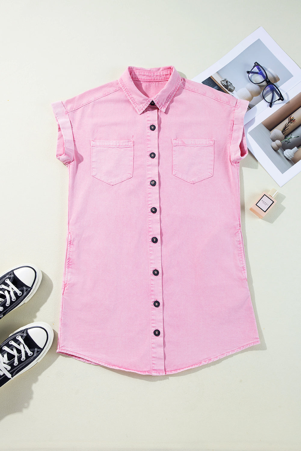 Orchid Petal Short Sleeve Double Chest Pocket Denim Shirt Dress