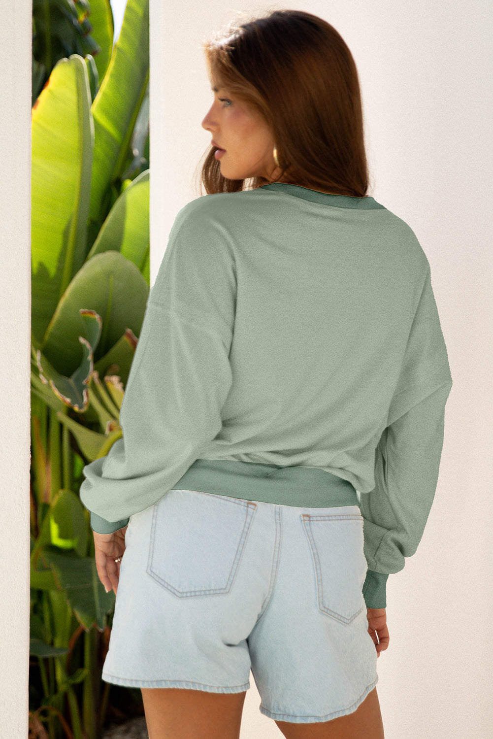 Beige Raw Edge Flower Patch Drop Shoulder Casual Top