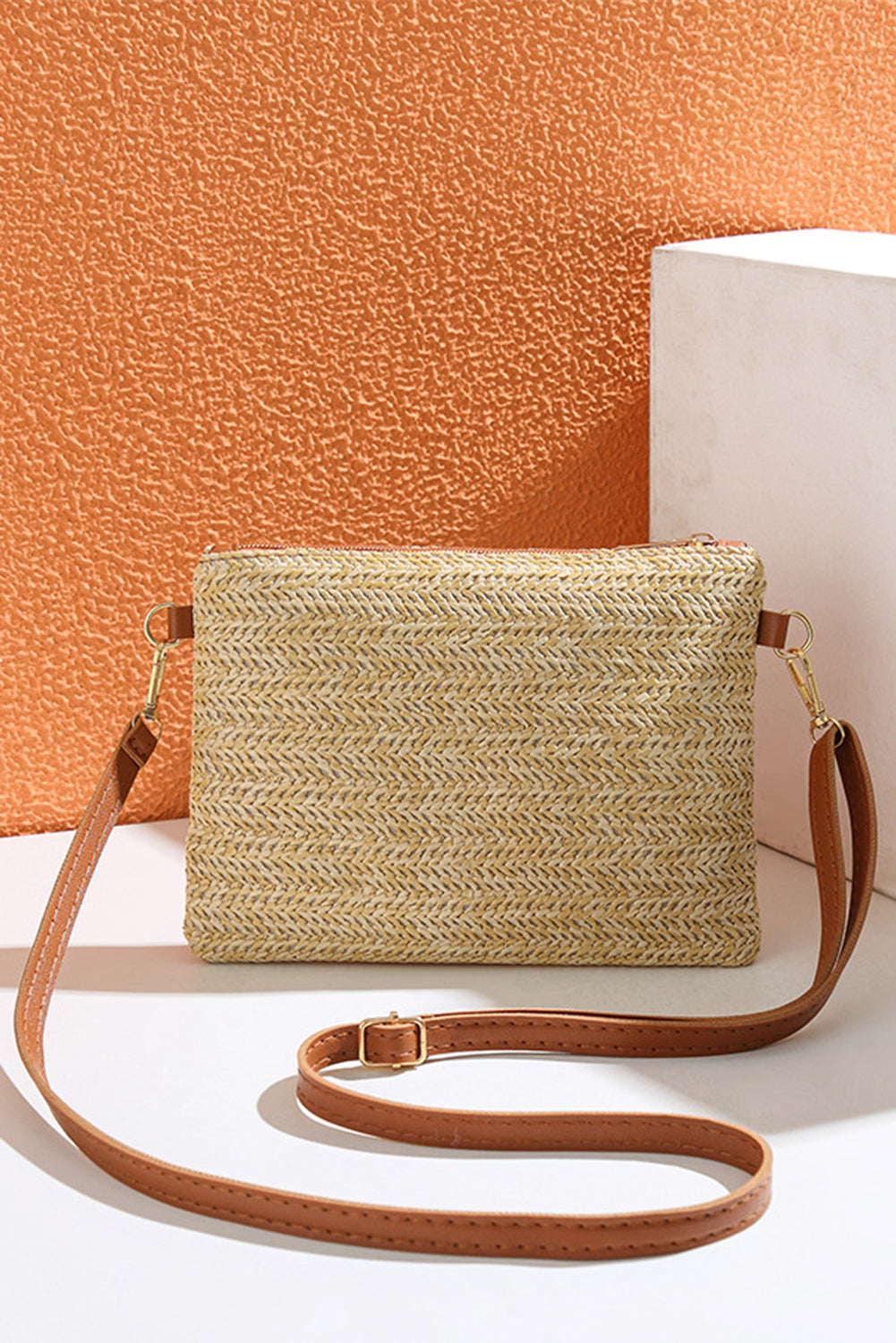 Beige Bow Pearl Decor Straw PU Leather Patched Crossbody Bag