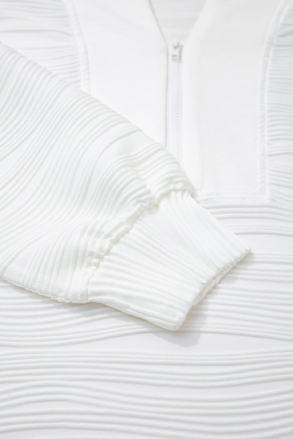 Parchment Solid Color Textured Zip V Neck Pullover Sweatshirt