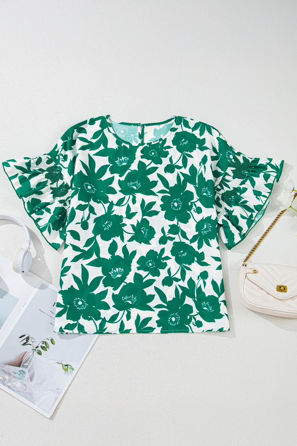 Pink Floral Printed Ruffled Short Sleeve Round Neck Loose Blouse