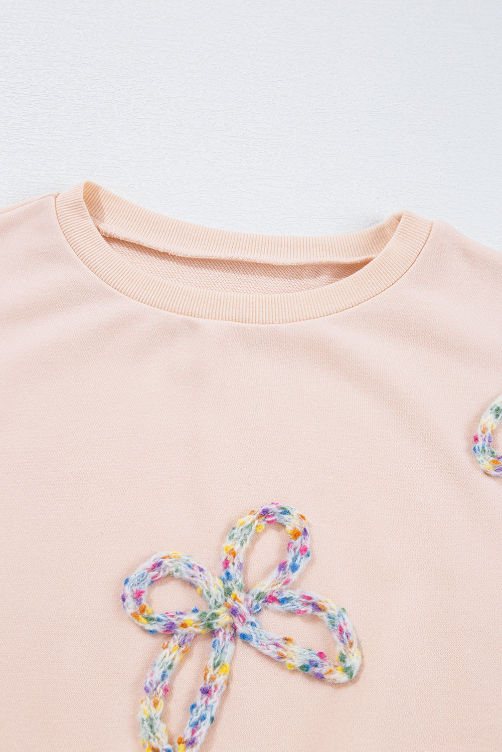 Light Pink Embroidered Bow Lantern Sleeve Oversized Pullover Sweatshirt