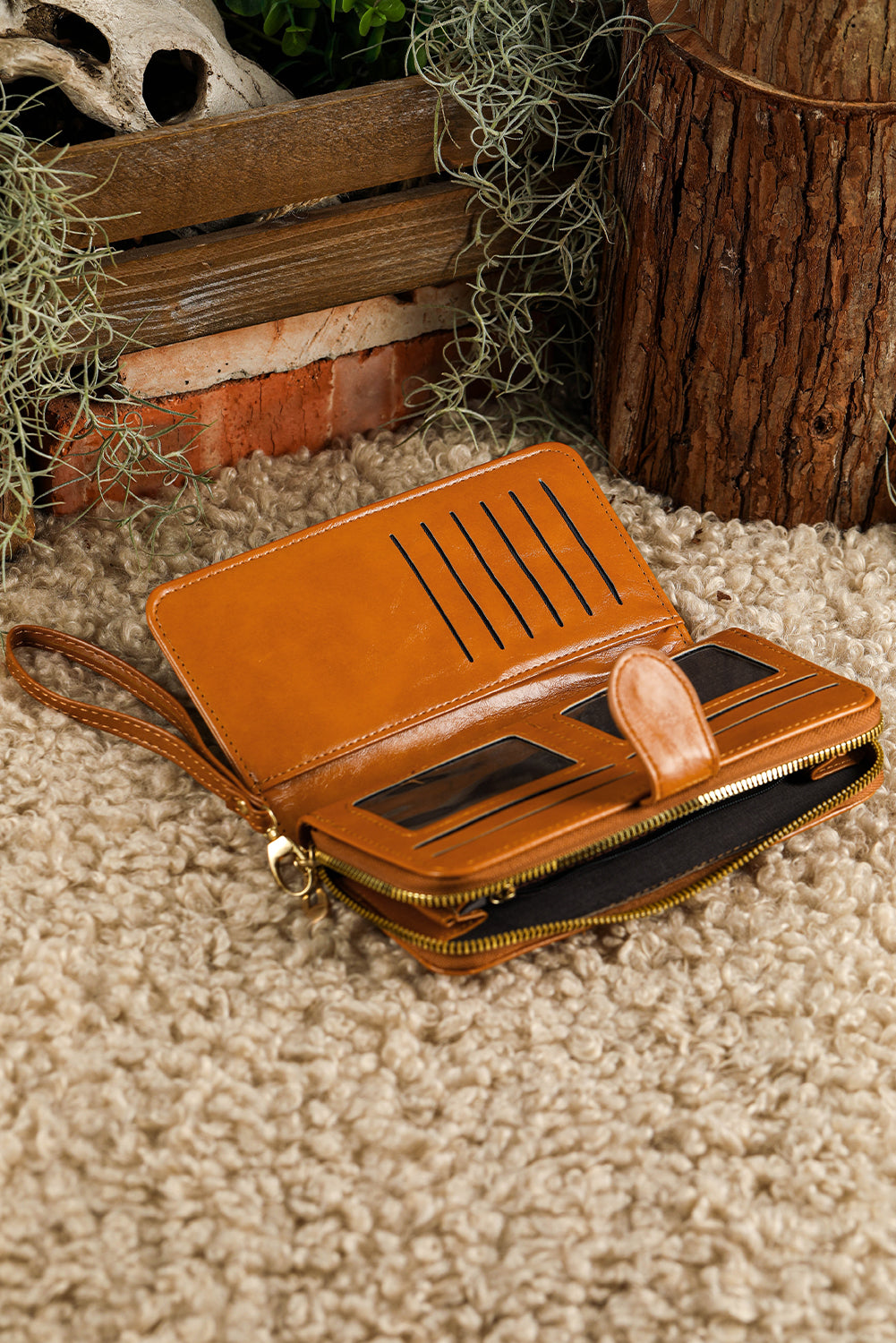 Cinnamon Faux Leather Zip Around Wrist Strap Long Wallet
