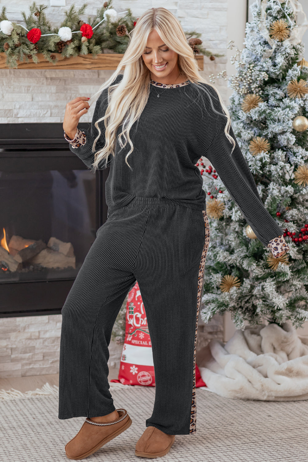 Carbon Grey Leopard Patchwork Edge Twisted Rib T Shirt and Cropped Pants Set