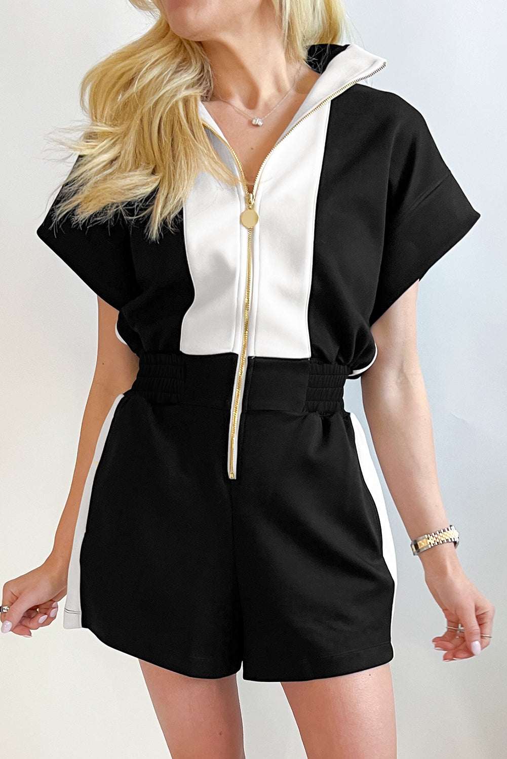 Black Contrast Zipped Stand Collared T Shirt and Short Set