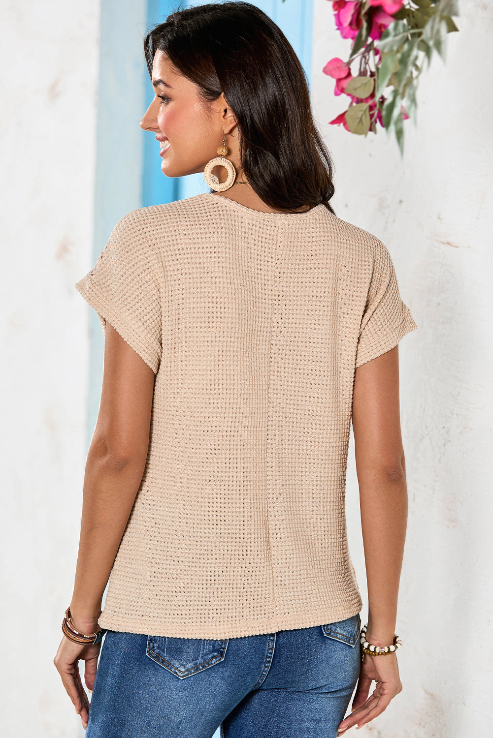 Mist Green Lace Patchwork Waffle Short Sleeve Top