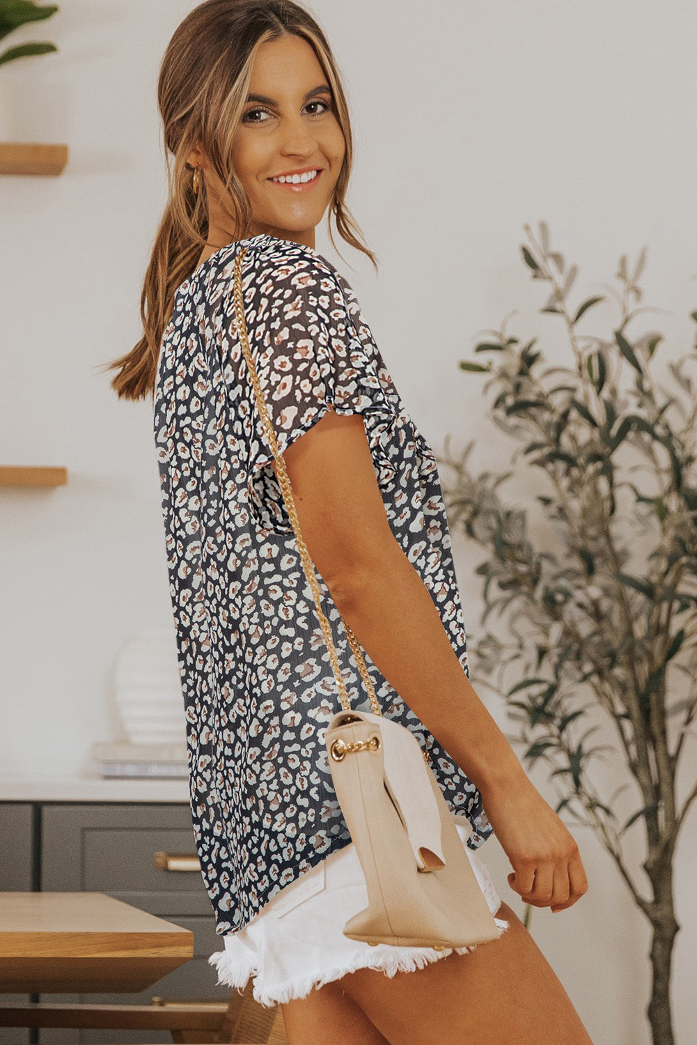 Blue Flutter Sleeve V Neck Floral Summer Blouse