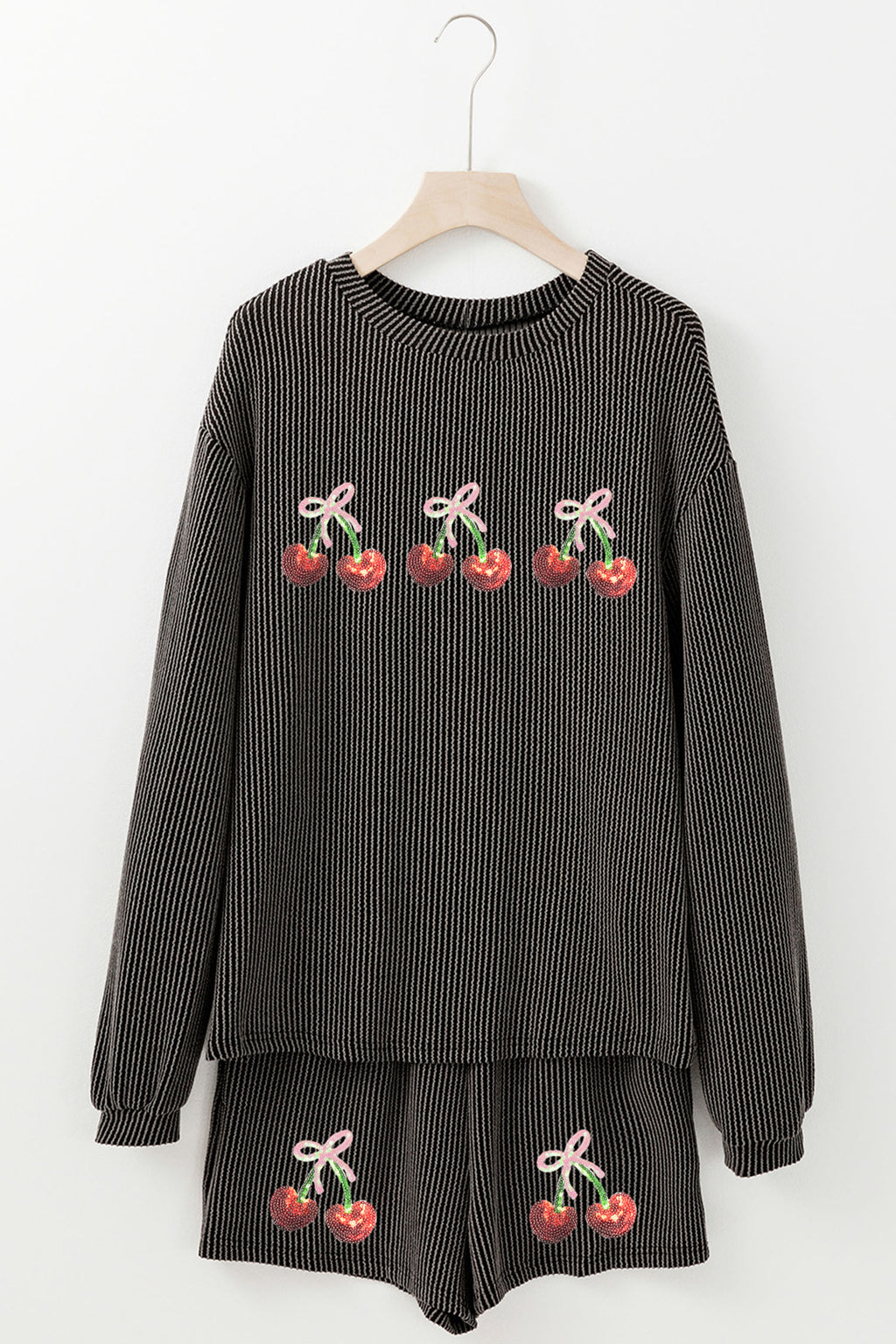 Carbon Grey Twisted Ribbed Sequin Cherry Patched Long Sleeve Pullover and Shorts 2pcs Set