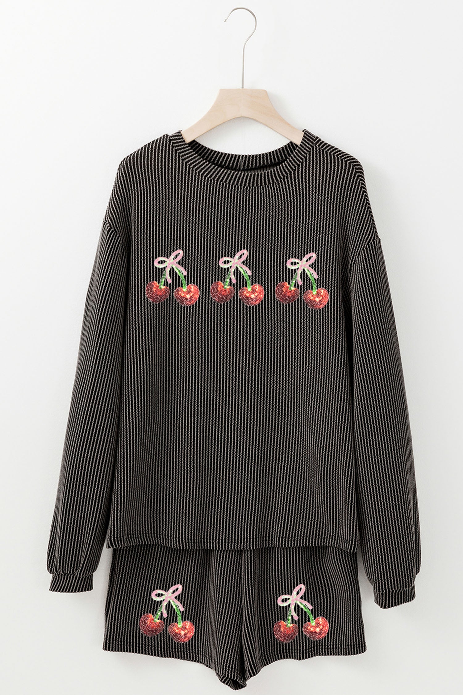 Carbon Grey Twisted Ribbed Sequin Cherry Patched Long Sleeve Pullover and Shorts 2pcs Set