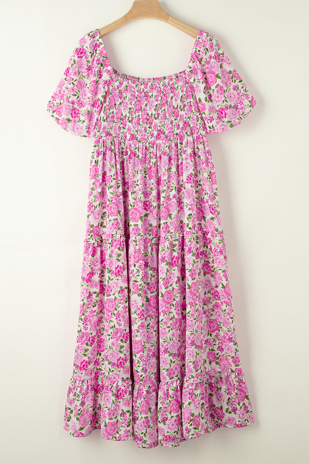 Pink Dainty Floral Smocked Puff Sleeve Flowy Long Dress
