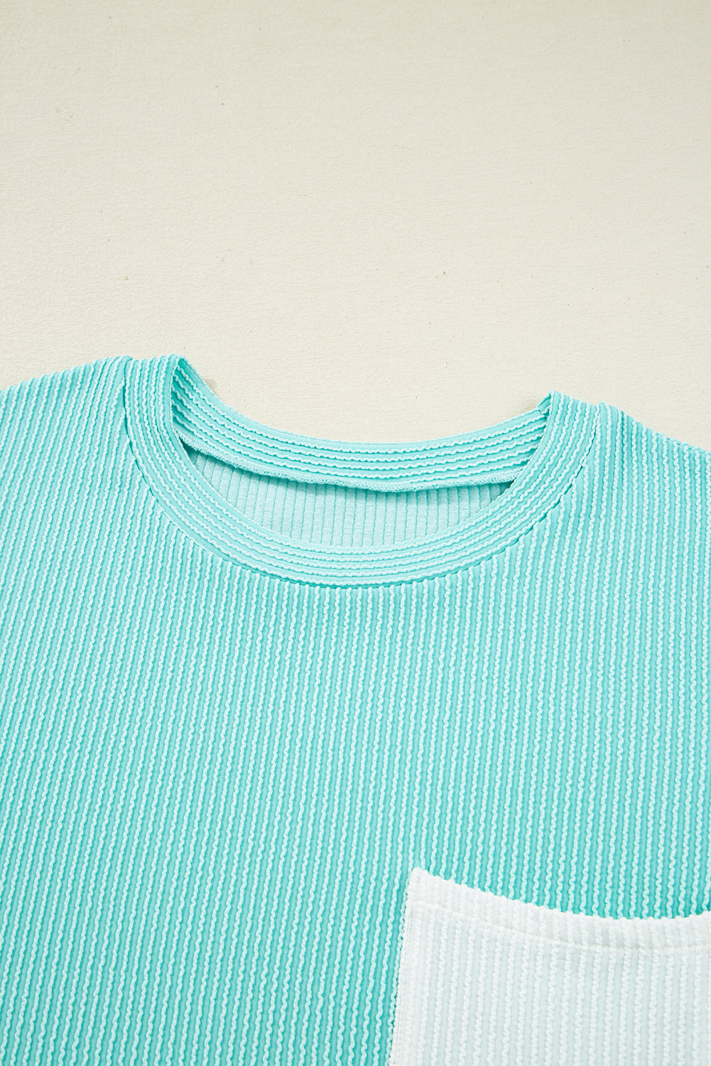 Dark Blue Corded Knit Color Block Pocketed Crew Neck T Shirt