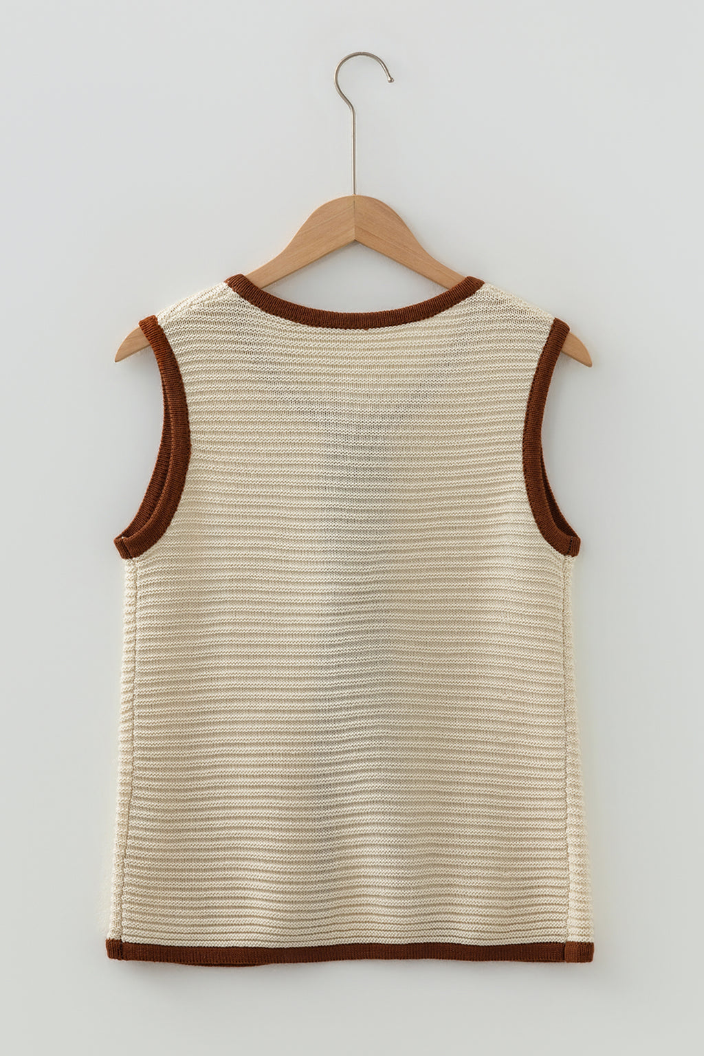 White Horizontal Ribbed Knit Contrast Trim Ties Front Sweater Vest