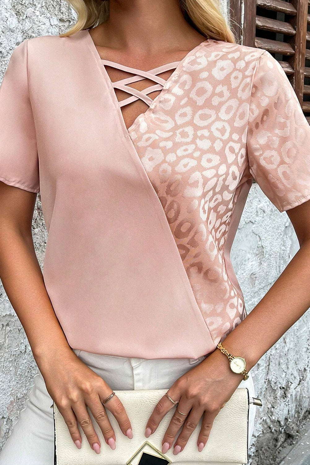 Apricot Pink Leopard Jacquard Patchwork Crisscross V Neck Short Sleeve Blouse