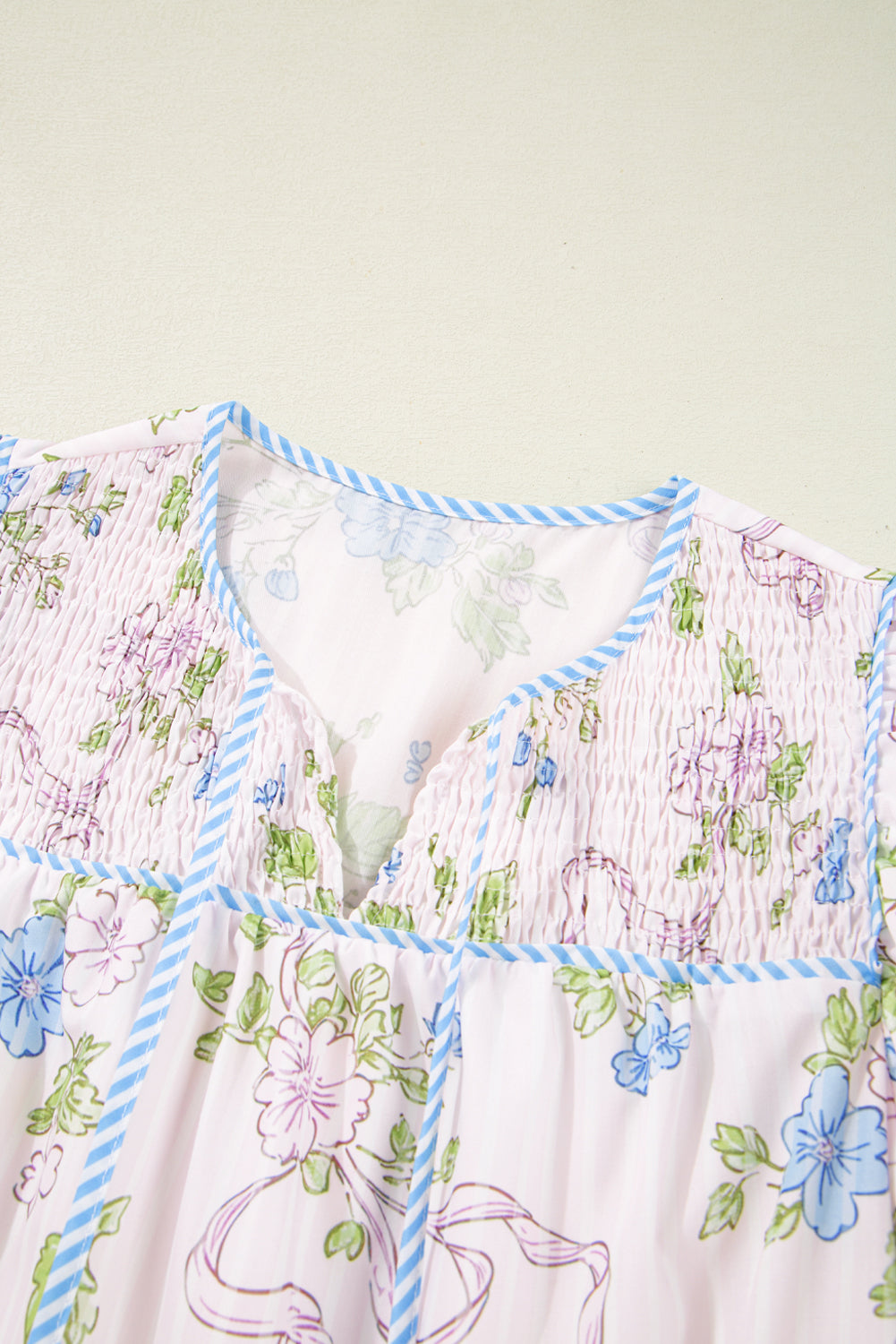 Pink Floral Striped Print Contrast Trim Tie Split Neck Mini Dress