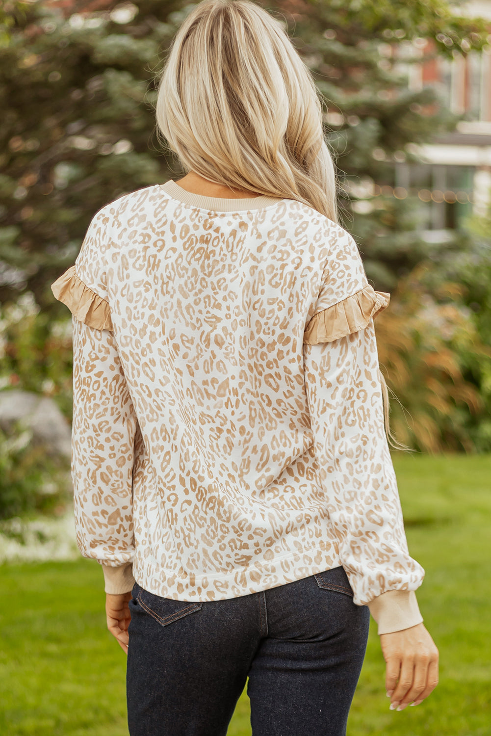 Khaki Plus Size Ruffled Arm Leopard Sweatshirt