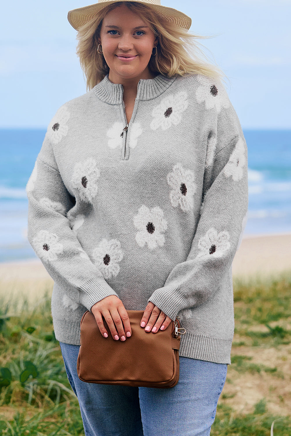 Khaki Floral Pattern Half Zip Drop Shoulder Sweater
