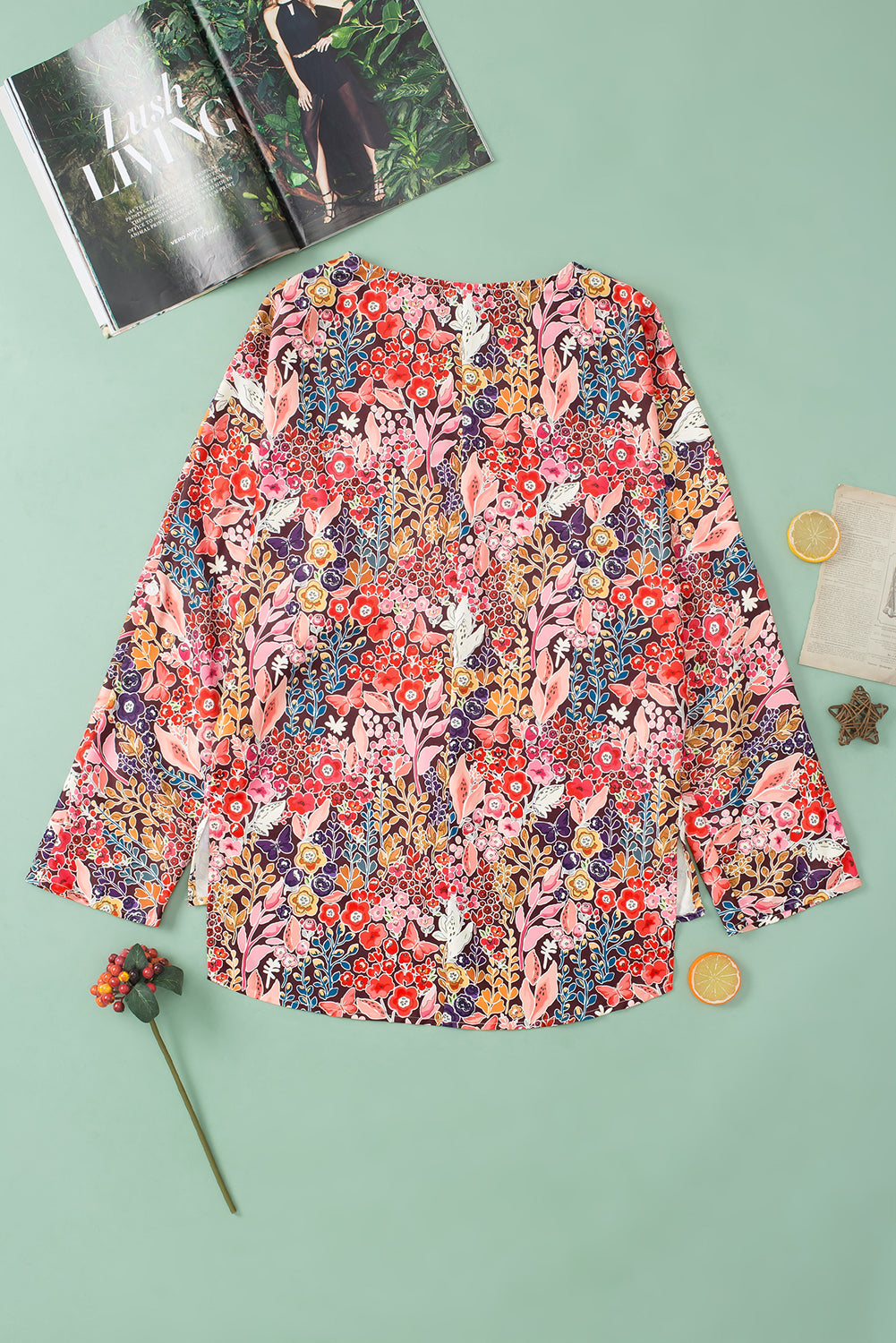 Multicolor Boho Floral Long Sleeve V-Neck Blouse
