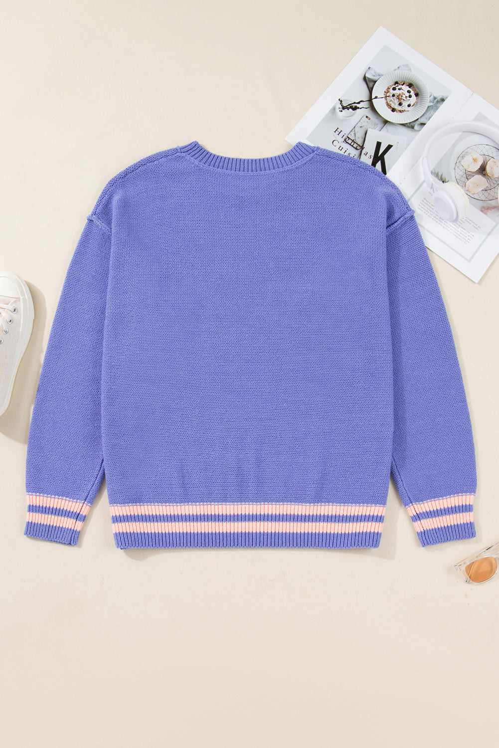 Wisteria Plus Size Striped Trim Drop Shoulder Knit Loose Sweater