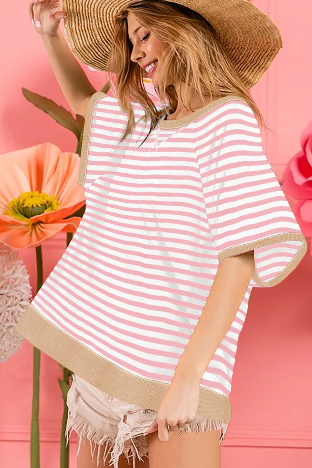 Pink Stripe Contrast Ribbed Patchwork Oversize T Shirt