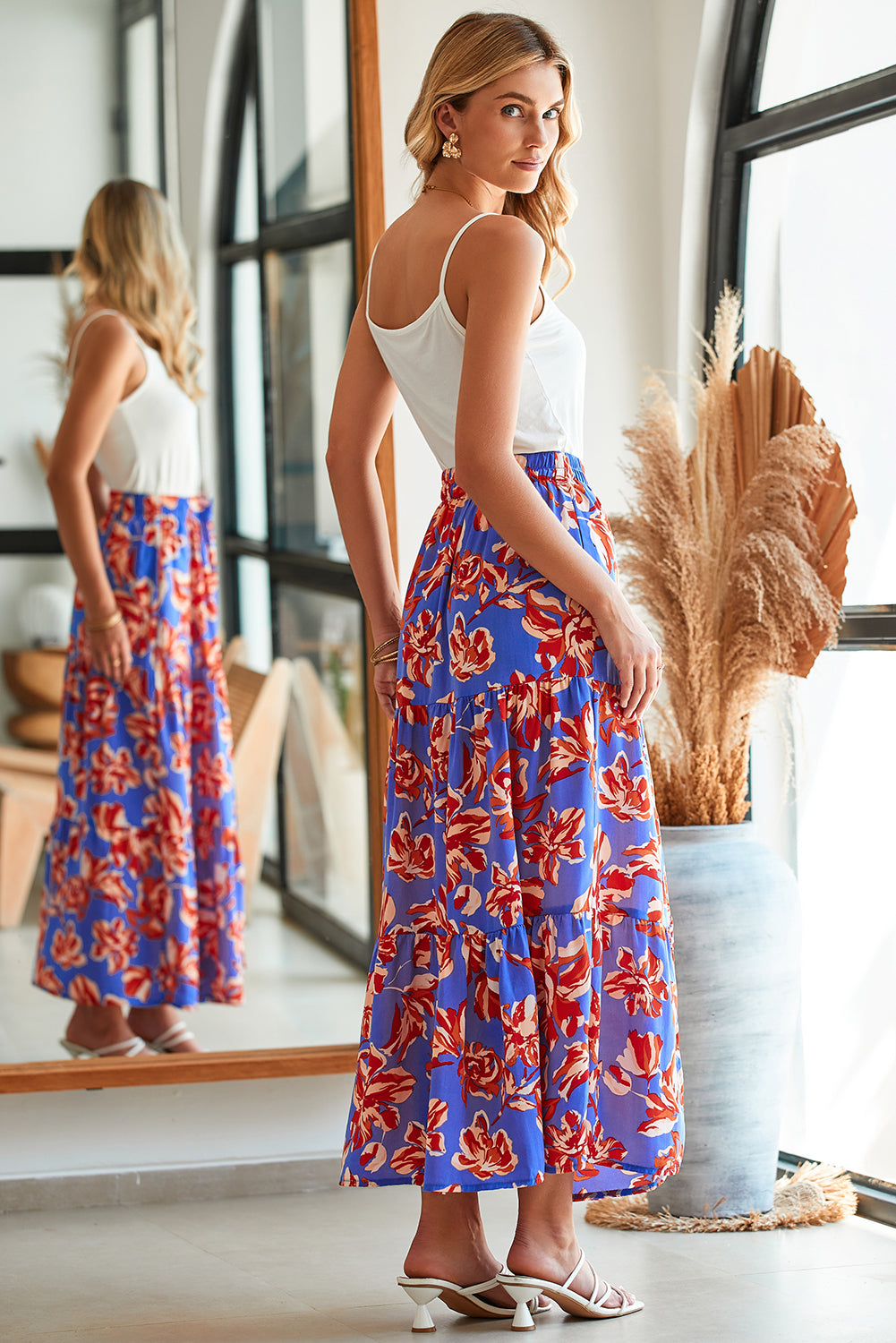 Orange Bohemian Floral Print Tiered Maxi Skirt with Split