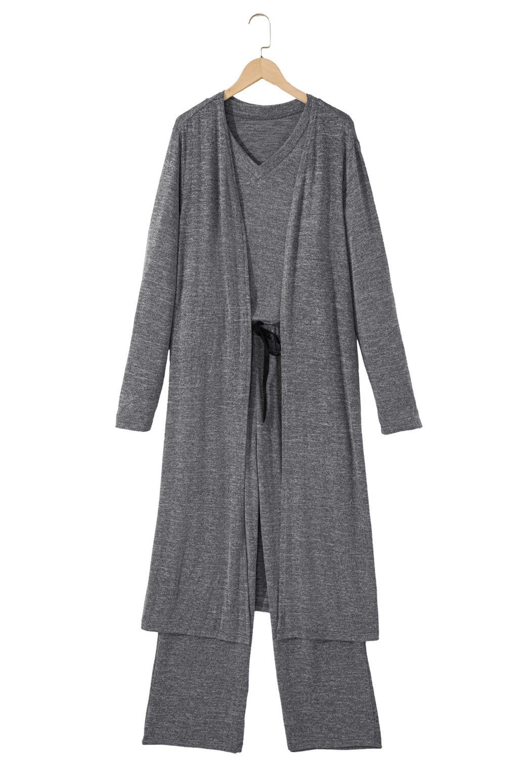 Delicacy 3pcs V Neck T Shirt Ribbon Knot Pants Open Duster 3pcs Lounge Set