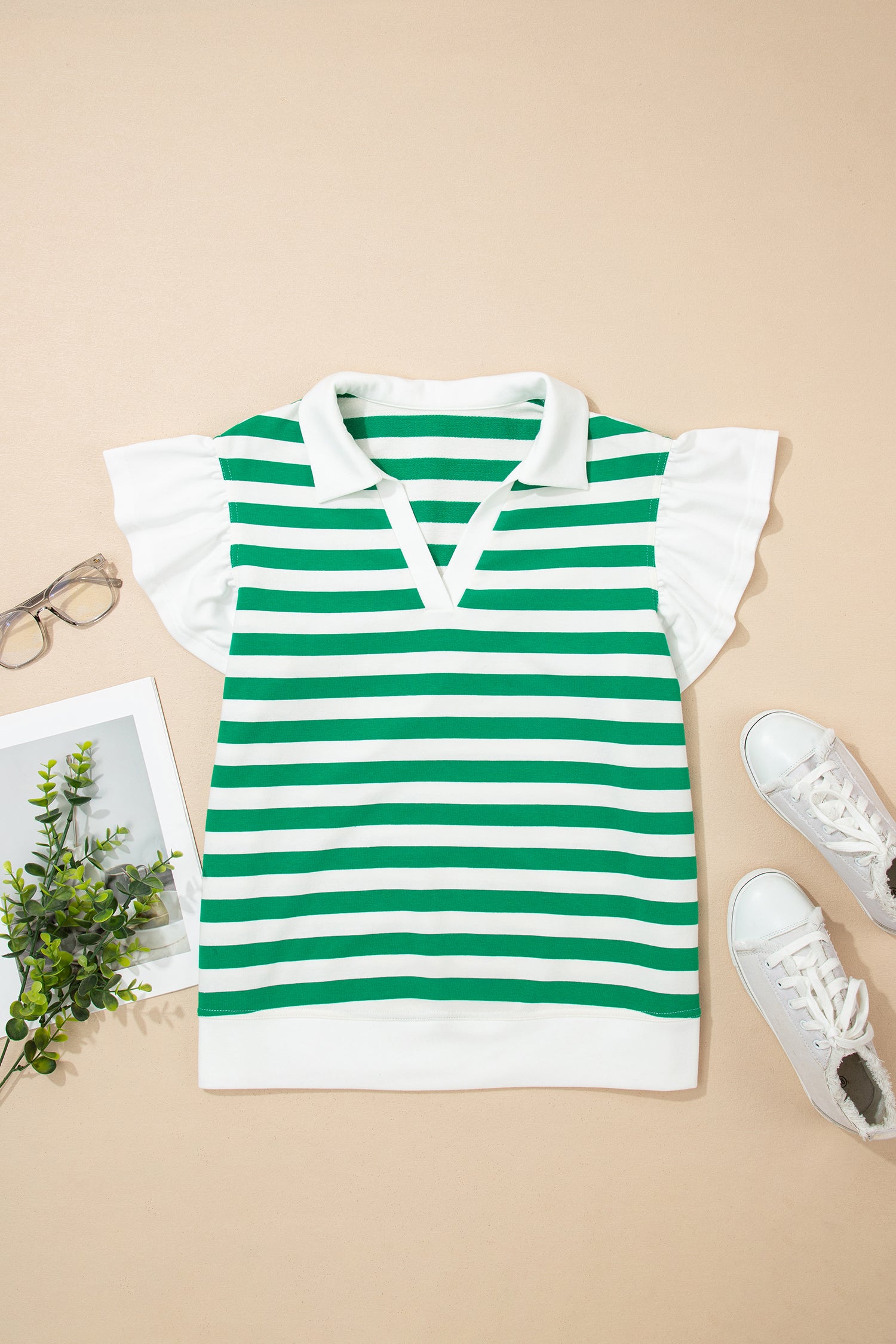 Pink Stripe Collar V Neck Ruffled Short Sleeve Blouse