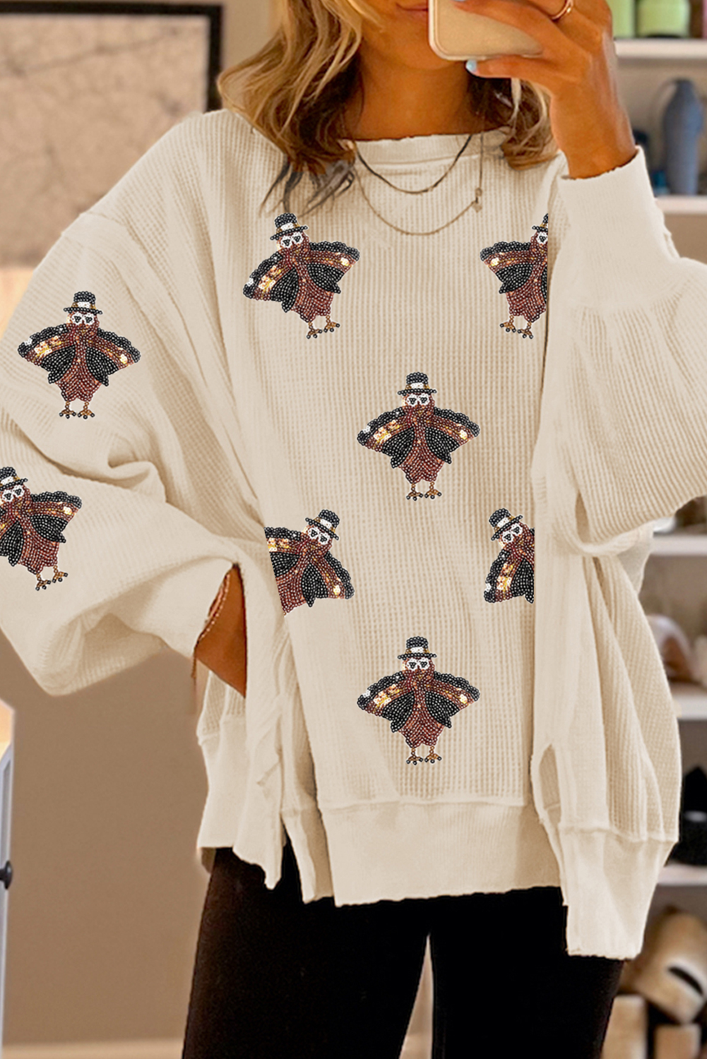 White Waffle knit Bishop Sleeve Split Oversized Top