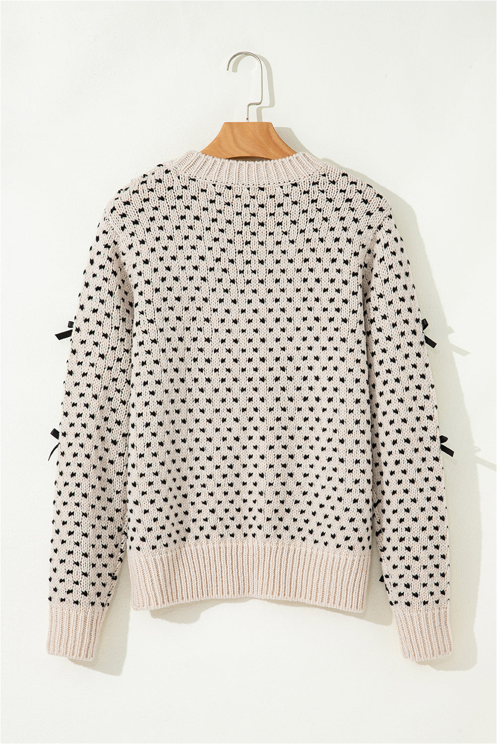 Beige Bow Decor Color Contrast Ribbed Edge Crew Neck Sweater