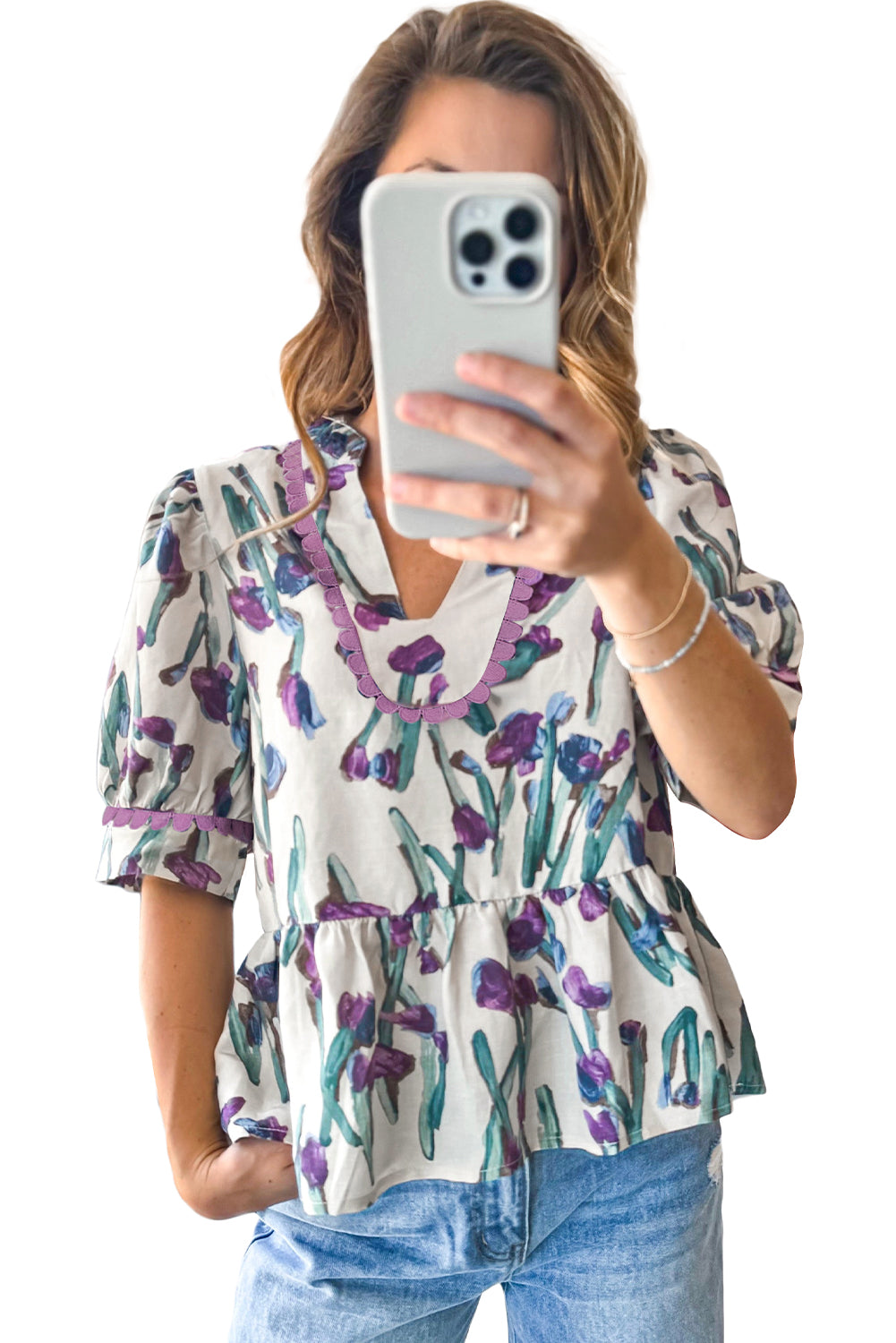 Purple Floral Ricrac Trim Half Sleeve Peplum Top