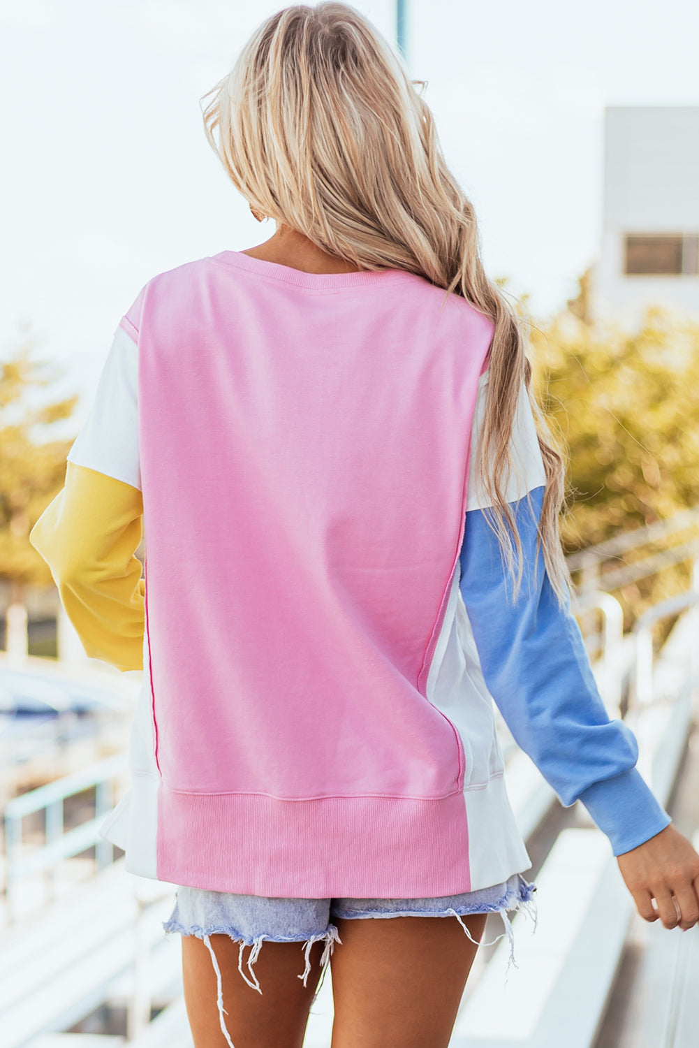 Bonbon Color Block Patchwork Sequin Baseball Patched Sweatshirt