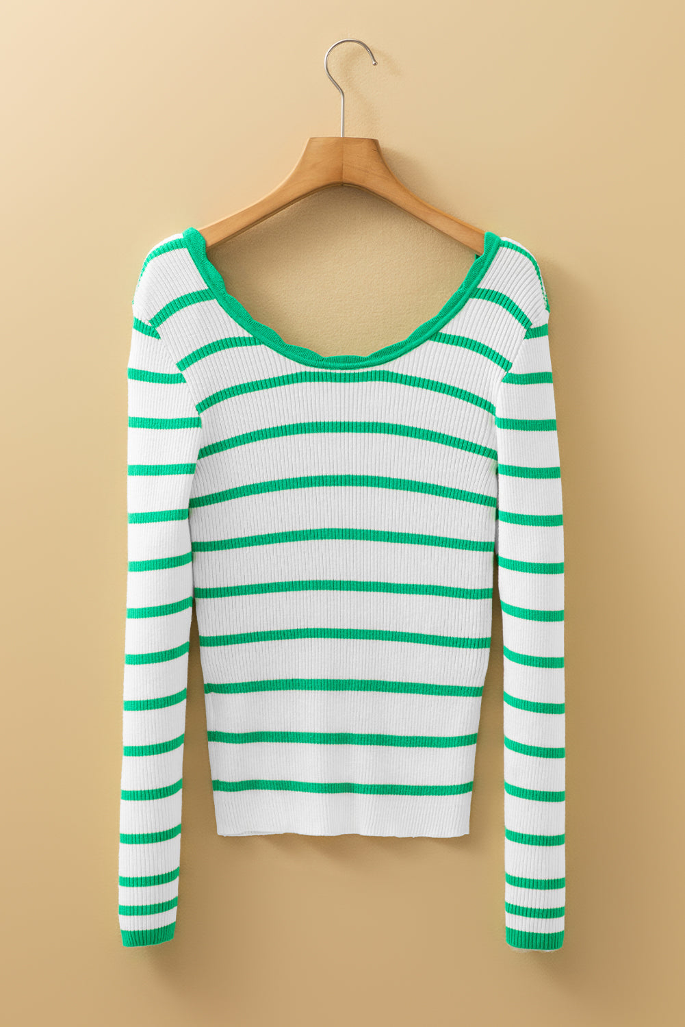 Black white Scalloped Trim U Neck Striped Ribbed Slim Sweater