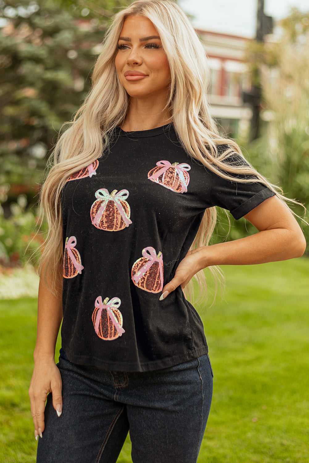 White Colorful Pumpkin Sequin Patched Drop Shoulder Sweatshirt