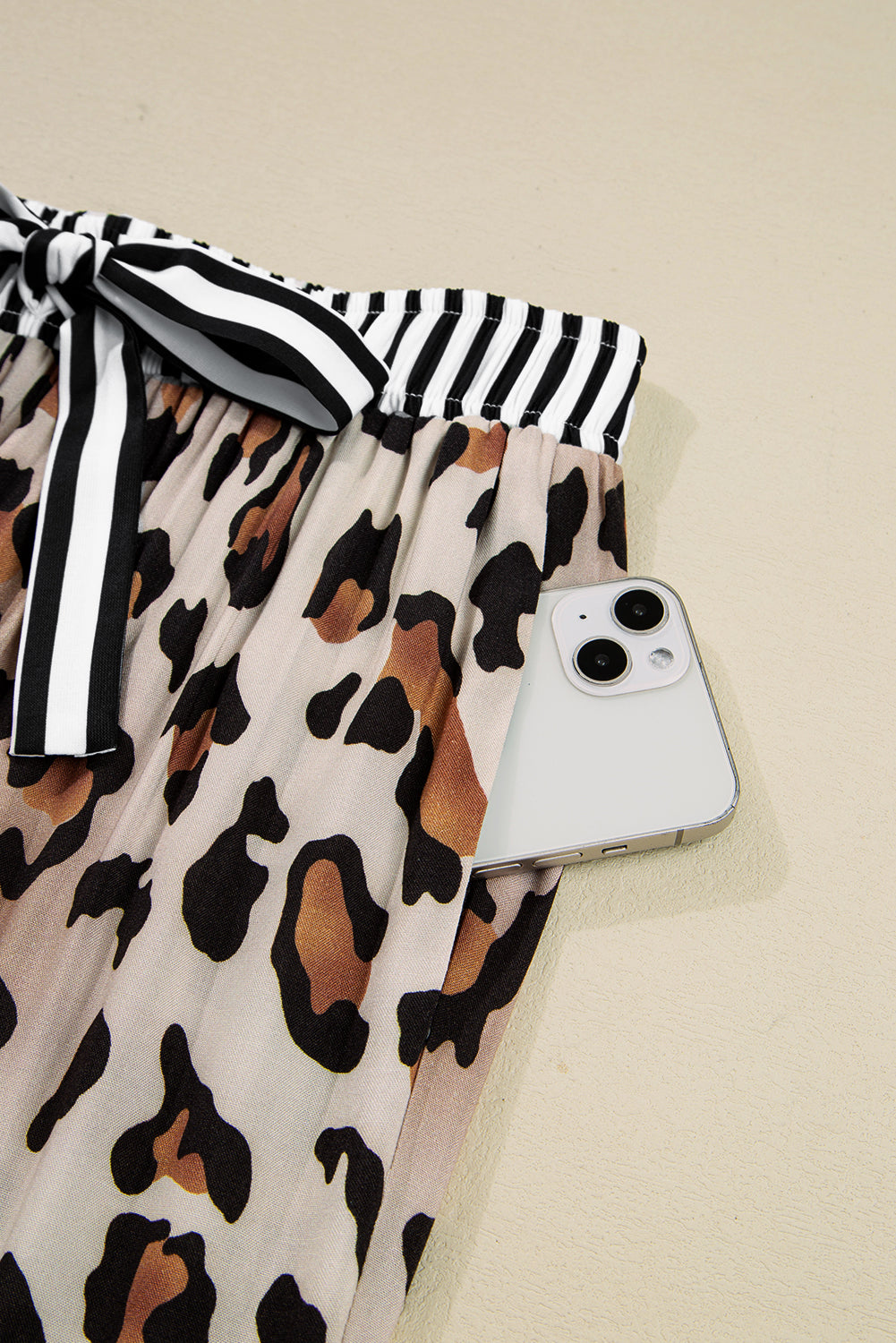Dearlove Khaki Leopard Print Colorblock Striped Edge Shirt and Pants Pajama Set